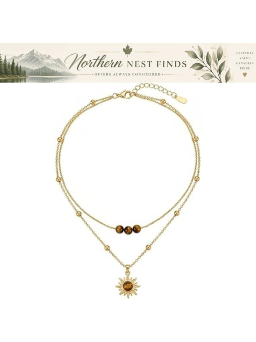 14K Gold Plated Tiger Eye Sun Pendant Y Lariat Necklace for Women